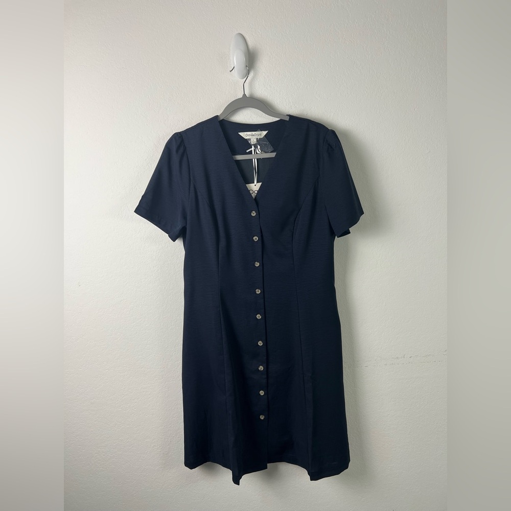 Dani & Davi Navy Short Sleeve Button Front A-line V-neck Dress